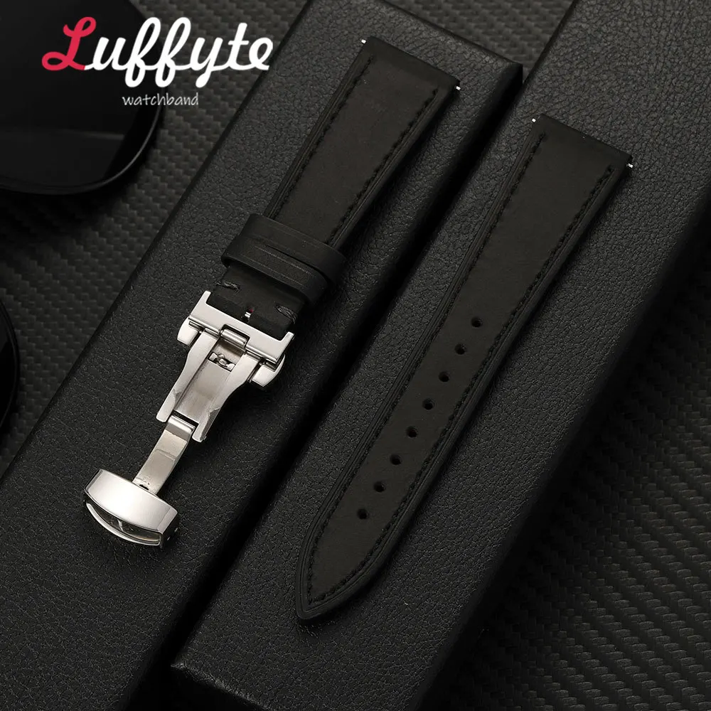 Men's Vintage Crazy Horse Leather Watch Band with Butterfly Buckle