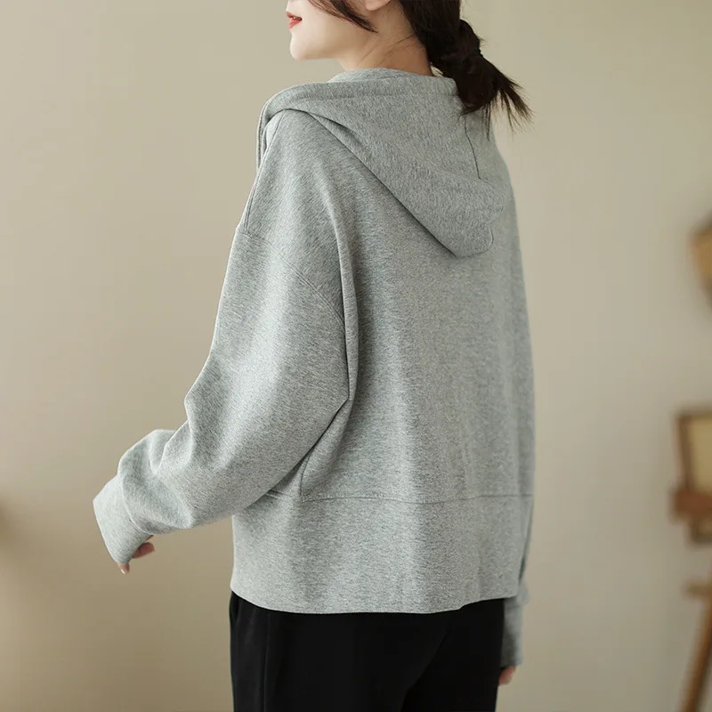 Women Trendy Simple Casual Streetwear Hooded Sweatshirts Y2K Female Autumn Solid Cotton Loose Long Sleeve Zipper Hoodies Jackets