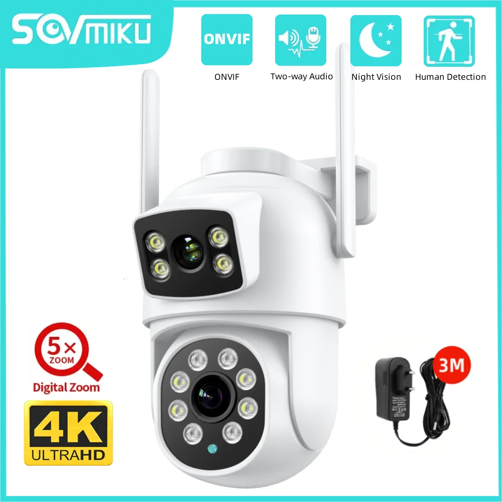 SOVMIKU 8MP 4K Smart PTZ WIFI Surveillance Camera Dual Lens 5X Zoom Night Vision ONVIF Auto Track IP Camera Security Protection
