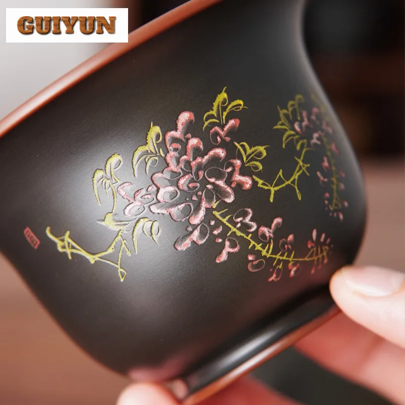 180ml Antique Qinzhou Nixing Pottery Gaiwan Handmade Engraving Wisteria Flower Tea Tureen Tea Maker Cover Bowl Teaset Decoration