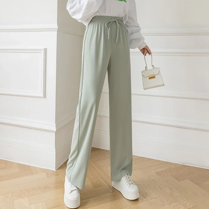 Women Summer High Waist Elastic Sash Ice Silk Pants 2024 Solid Color Casual Loose Long Trousers Soft Comfortable Wide Leg Pant