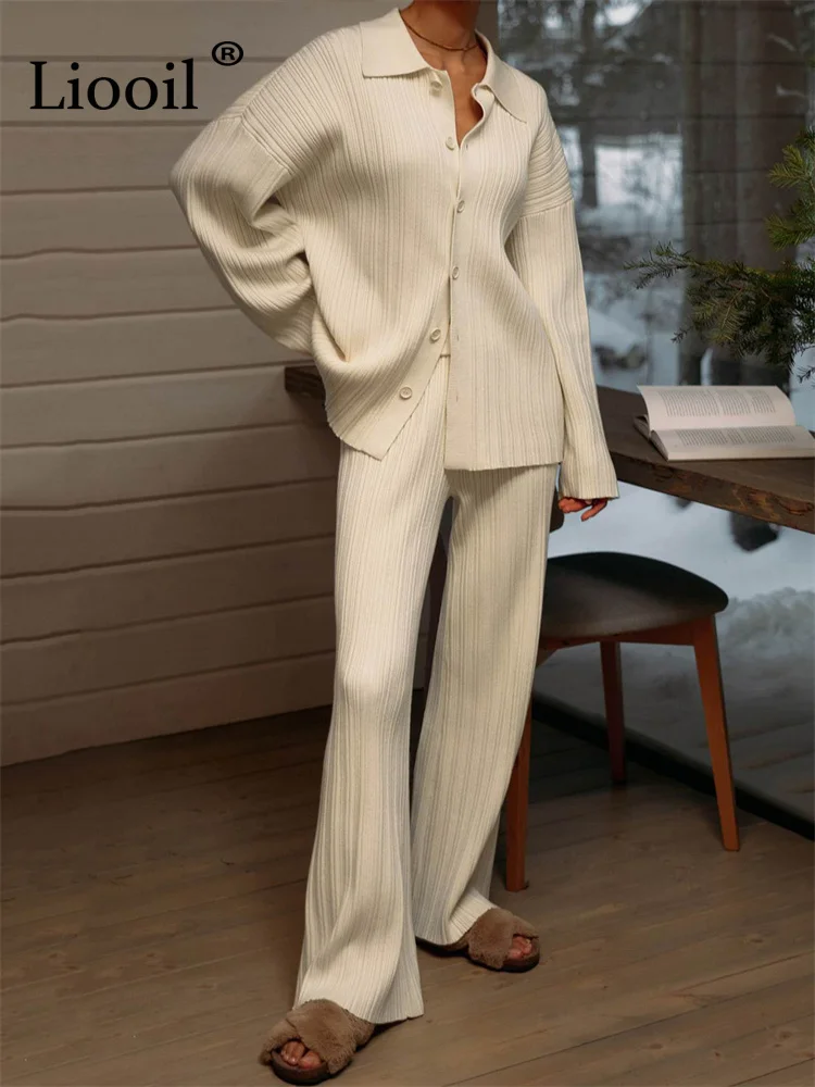 

Liooil Two Piece Knit Ribbed Sweater Set Women Button Up Cardigan Knitting Sweaters Tops And Straight Pants Knitted Outfits Sets