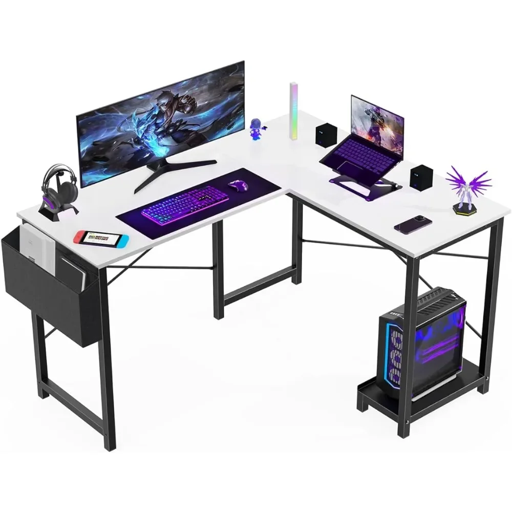 A white L-shaped desk with two monitors and a keyboard, perfect for a gaming experience or workspace.
