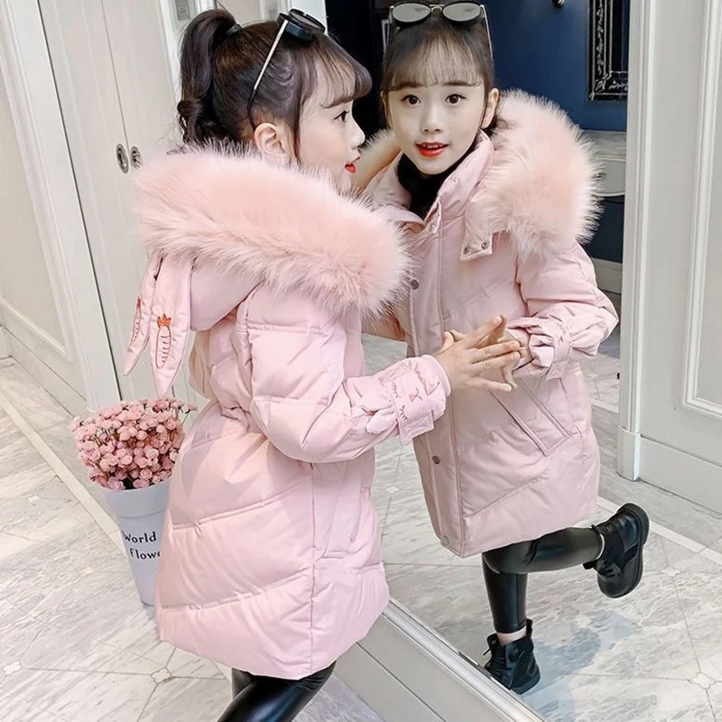 

2024 New Winter Children Long Down Coat Baby Girls Fashion Warm Hooded Plush Collar Outerwear Clothes Teen Skisuit 4-12 Years