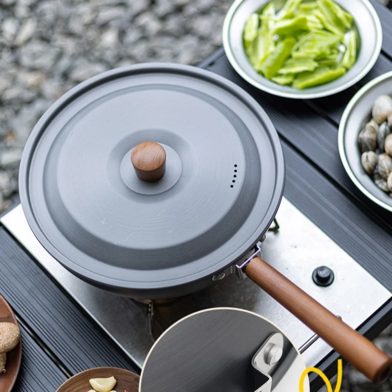 Outdoor Aluminum Alloy Frying Pan Solid Wood Handle Portable Camping Picnic Pot Detachable Handle Household Frying Pan
