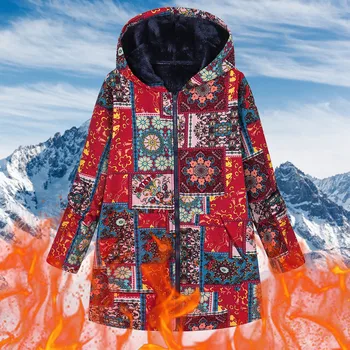 Womens Thickened Overcoat Retro Pattern Print Winter Fleece Lined Hoodie Sweatshirt 1
