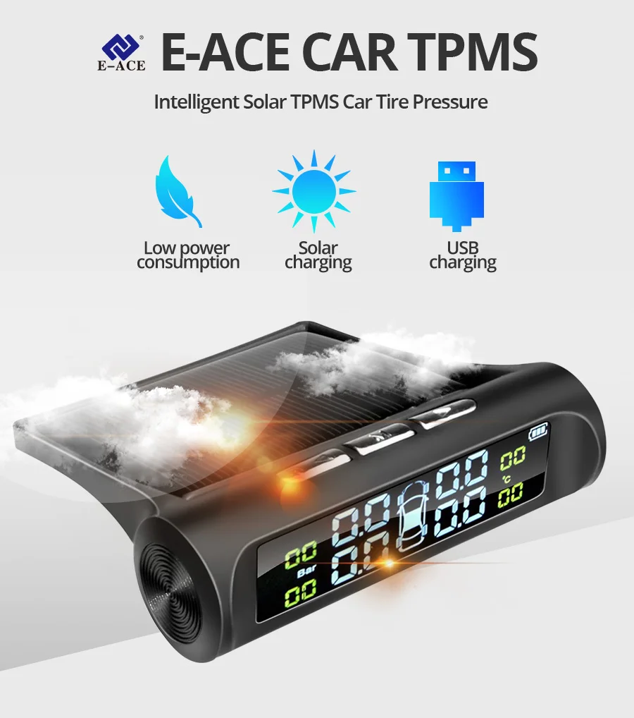 Pneus, Solar Power Display LCD, Pressão e Temperatura Auto Alarme