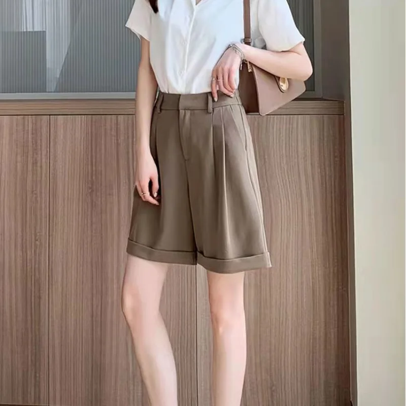 Summer  Wide Leg Loose Bermuda Shorts for Women High Waist Pink Black Cotton Shorts Free Belt Suit Pants OL Bermuda Femme
