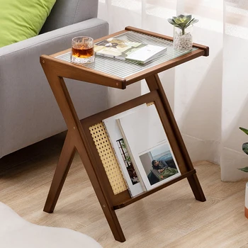 Nightstand Side Table with Rattan Book Magazine Shelf Home Bedroom Living Room Small Space Bamboo Glass Bedside Coffee Table 2