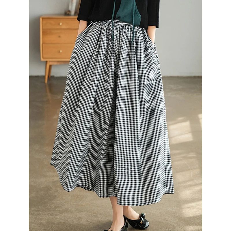 

Unireal 2023 Korean Fashion Summer Women Plaid Skirt Pants Cotton Casual Trousers Palazzo Capri Pants Culottes