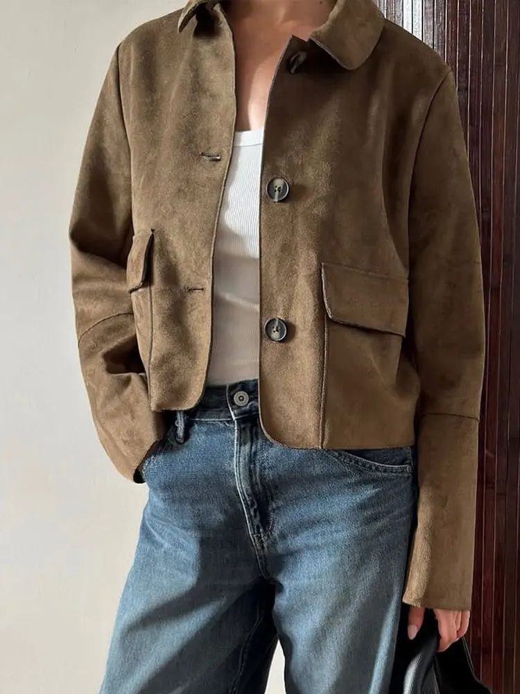 HH Women Vintage Solid Suede Coat Lapel Single Breasted Long Sleeve Jacket With Pockets Autumn Casual Outwear Short Jackets
