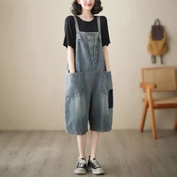 plus Size Denim Overalls Women's Summer New Sle High Waist ort Jeans Straight Leg Color Blo Five-Quarter Pants - Image 2