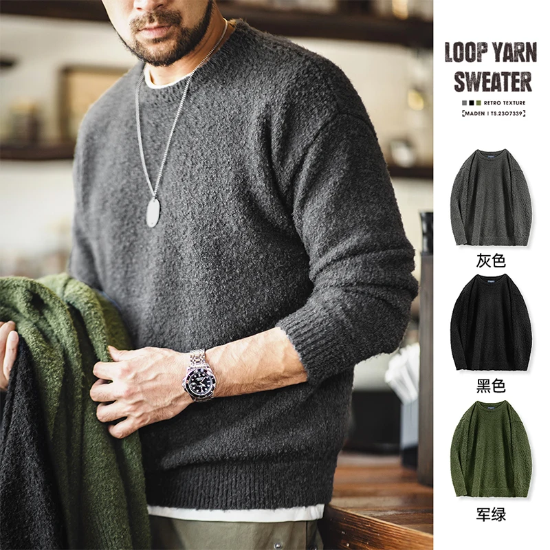 

Maden 2023 Autumn Winter Retro Loop Yarn Sweater Men's Basic Paragraph Round Neck Jumper Brand Luxury Black Warm Knit Pullover