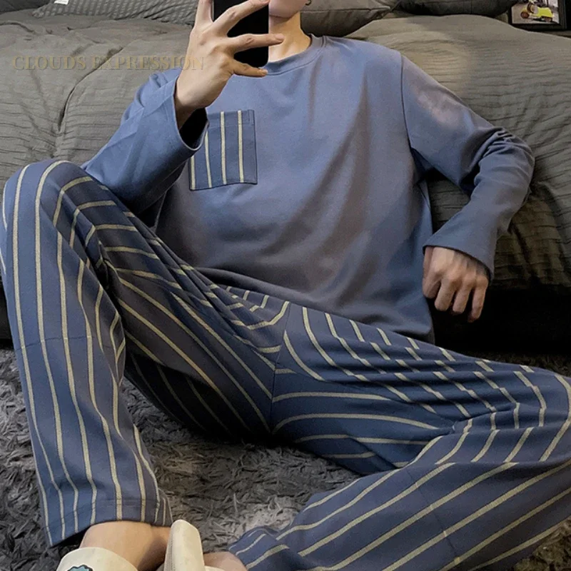 Spring Autumn Knitted Pjs Full-length Men's Pajama Sets Male Pajamas Plaid Loungewear For Masculine Sleepwear Home PJ Clothing