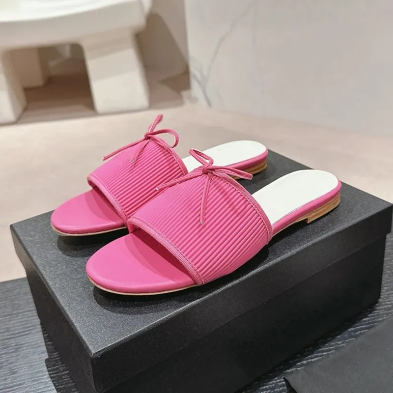 

2024 Summer Shoes For Women Plus Size 35-42 Butterfly Knot Slippers Leather Sole Slippers Flat Slides Zapatillas Mujer Rose Red