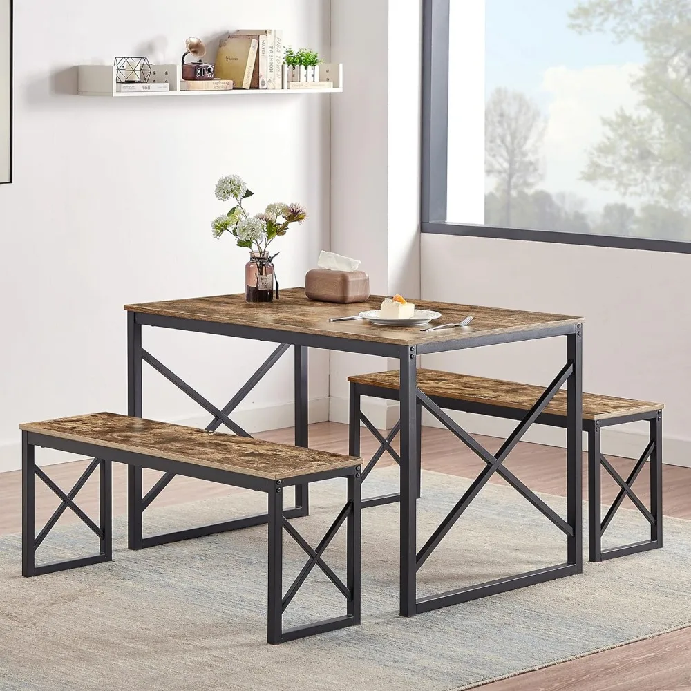 

VECELO 43.3 Inch Dining Table Set for 4, Rectangle Dinner Breakfast Dinette with 2 Benches, Thickened Metal Frame & Board