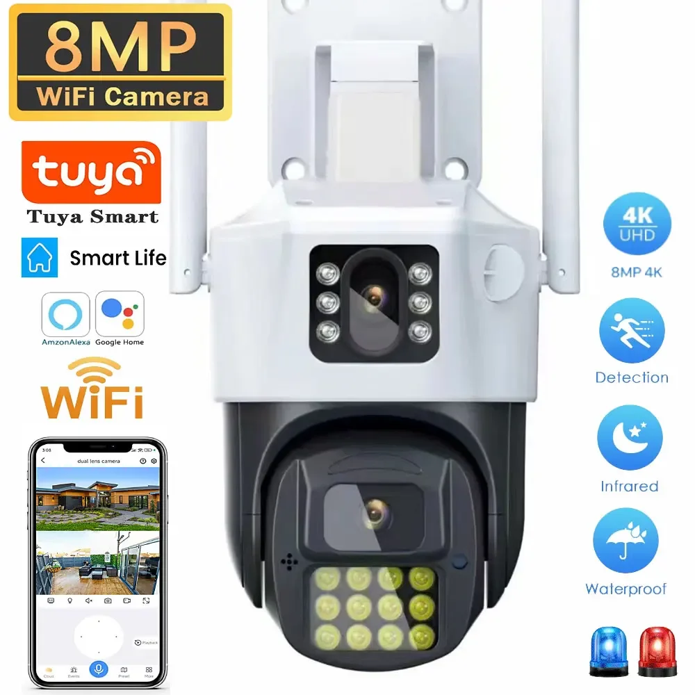 8MP Outdoor Dual Len Tuya Camera PTZ Wifi 4K HD Dual Screen Color Night Vision Security Camera Video Audio Surveillance C&aacute;maras