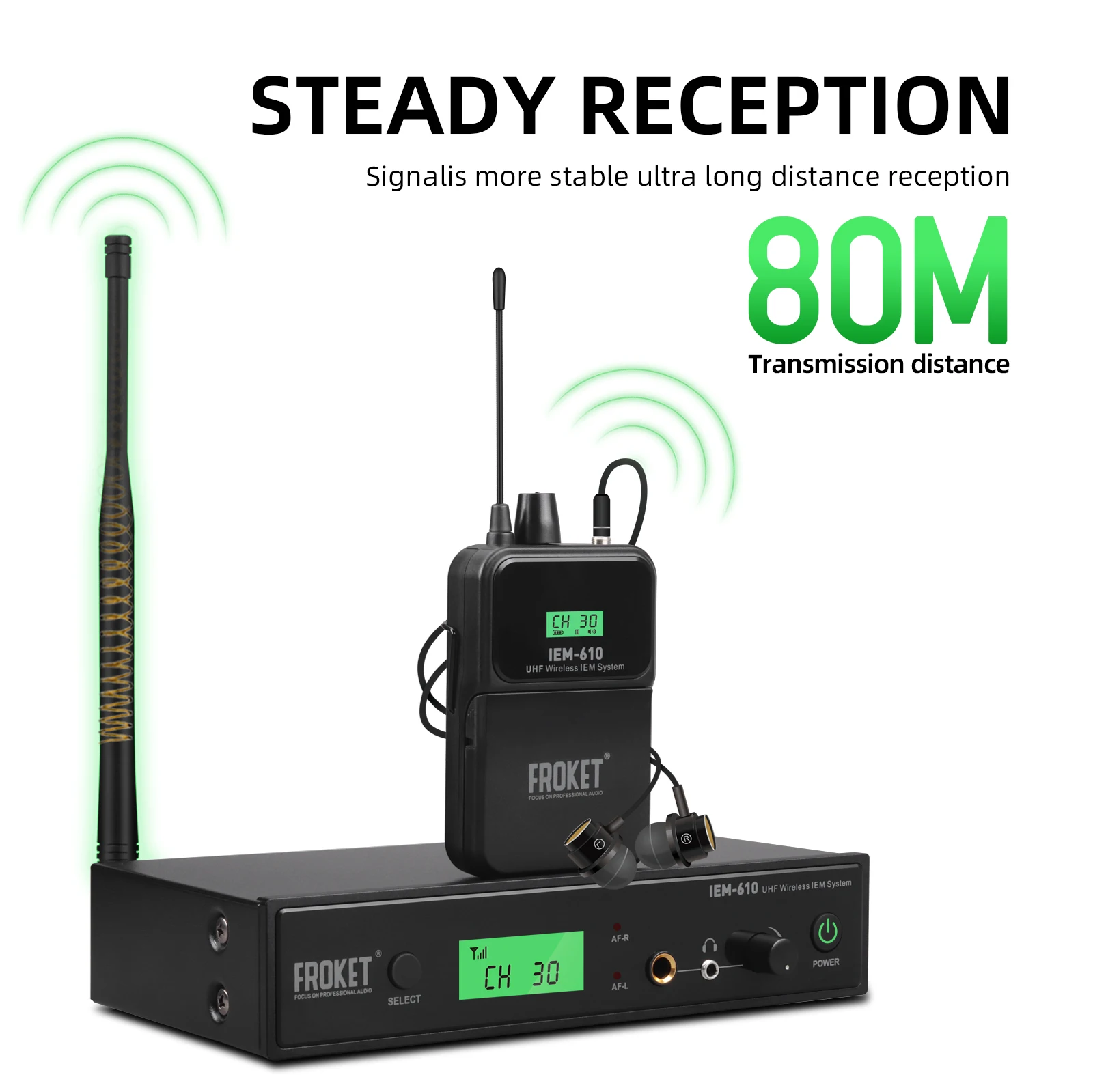 FROKET IEM-610 UHF Wireless In-ear Monitoring System Frequency 530-580MHZ for Outdoor Performance Recording Band Drummer