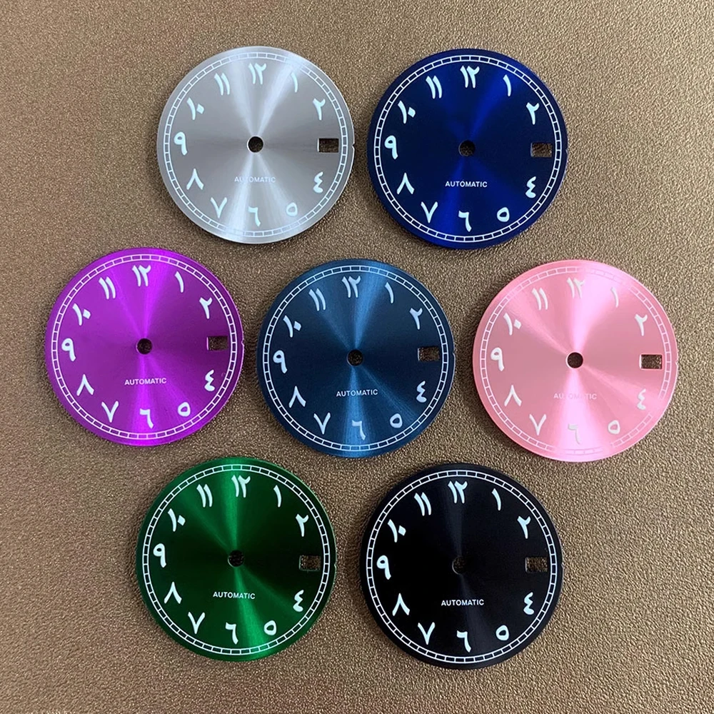 Esfera de reloj con recubrimiento de números árabes, 28,5mm, movimiento NH35 NH36 4R 7S, esfera árabe NH35, caras de reloj Sunburst, verde luminoso