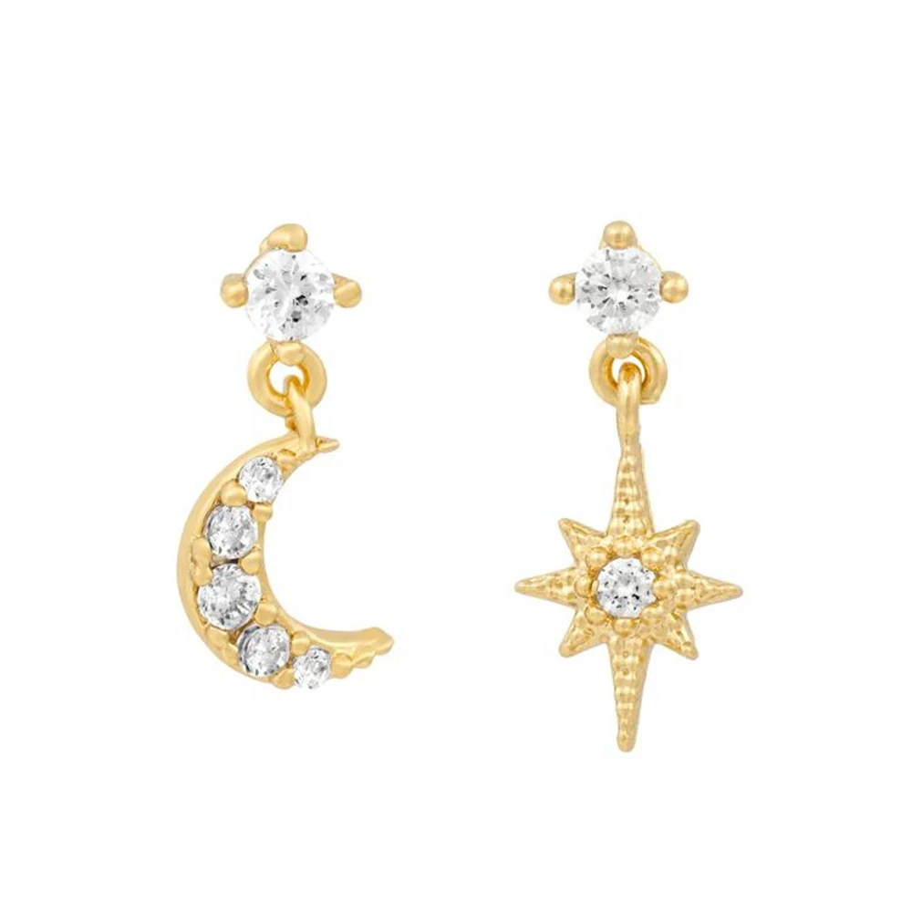 Stainless Steel Cubic Zirconia Chain Stud Earrings Women Star Moon Cartilage Earring Piercing Jewelry