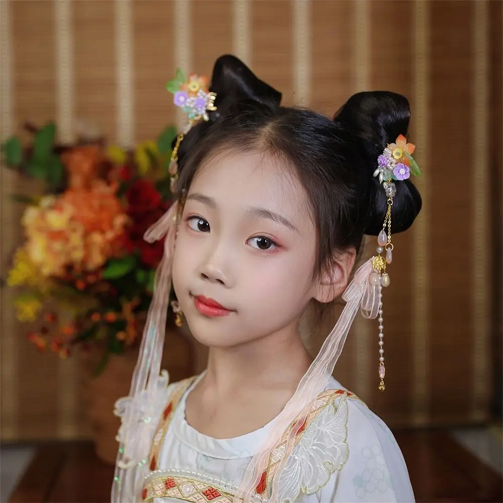 Flowers Girls Ribbon Hair Clips Sweet Pink Orange Yellow Children Hairpins Antique style Hairpins Barrette