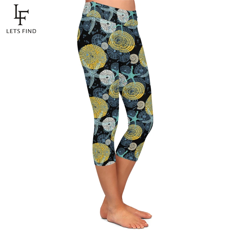 LETSFIND Summer New High Waist Leggings Fashion Women Various Seashells, Starfish Printing Fitness Capri Leggings