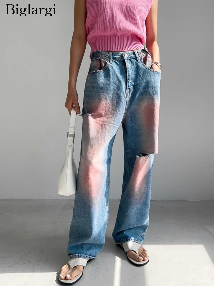 

Джинсы с завышенной талией, летние длинные брюки с принтом розового цвета, женские модные свободные брюки, повседневные Прямые брюки