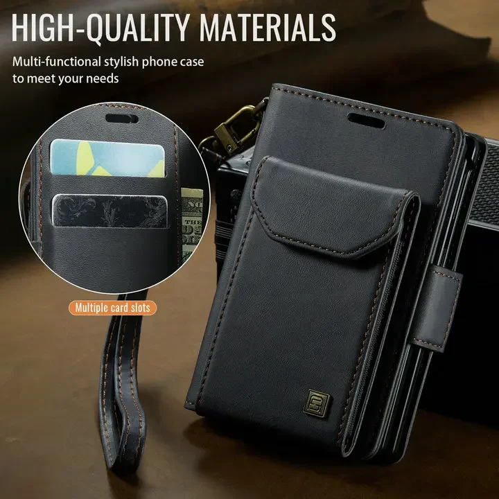 Leather Flip Wallet Case with Lanyard Strap for Foldable Phones - Shockproof Protective Cover