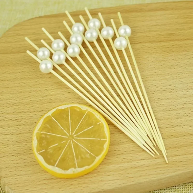 Gold Silvery White Pearl Bamboo Skewers 100PCS For Party Cake Dessert Cocktail Food