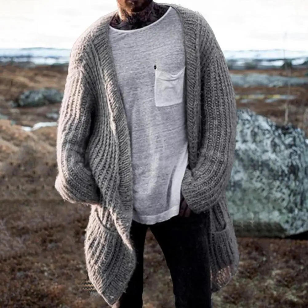 Dropshipping!Autumn Winter Men's Cardigan Sweater Long Sleeve V Neck Loose  Streetwear Knitted Mid Length Coat Men Clothing