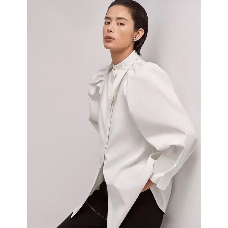 

CH@TS Vietnamese Niche Autumn and Winter New Shirt Women Puff Sleeves Round Neck Shirt Belted Top