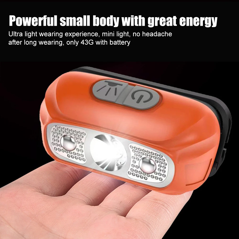 고휘도 모션 센서 LED 이마 손전등, USB 충전, IPX4 방수, 야외 낚시, 캠핑, 하이킹용