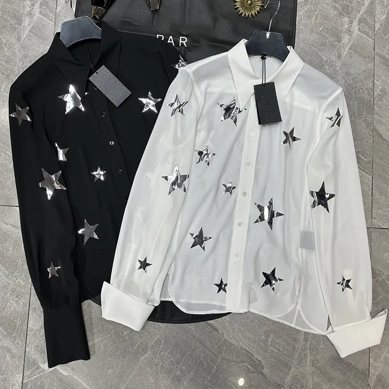 

Классическая простая яркая серебристая рубашка с пятиконечными звездами, модная уличная однобортная блузка с лацканами, 2 цвета, высококачественная одежда, новинка