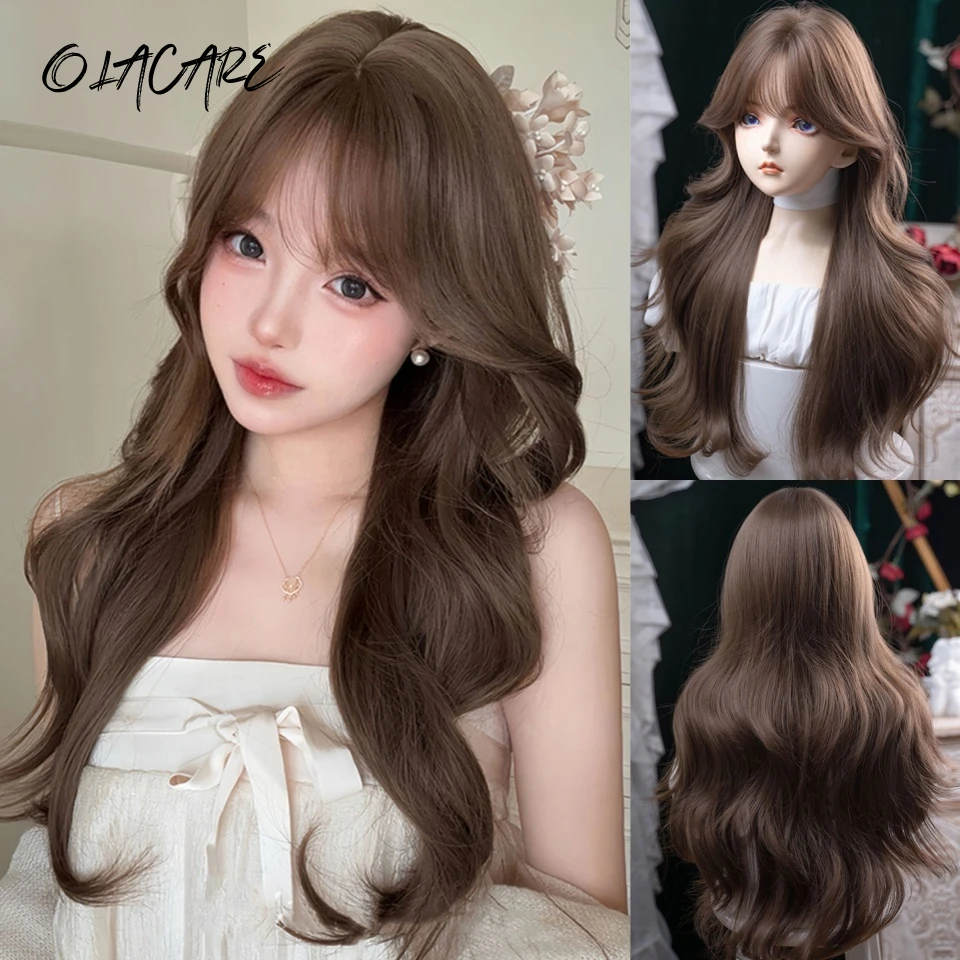 Brown Wavy Synthetic Hair Wig for Women with Bangs
