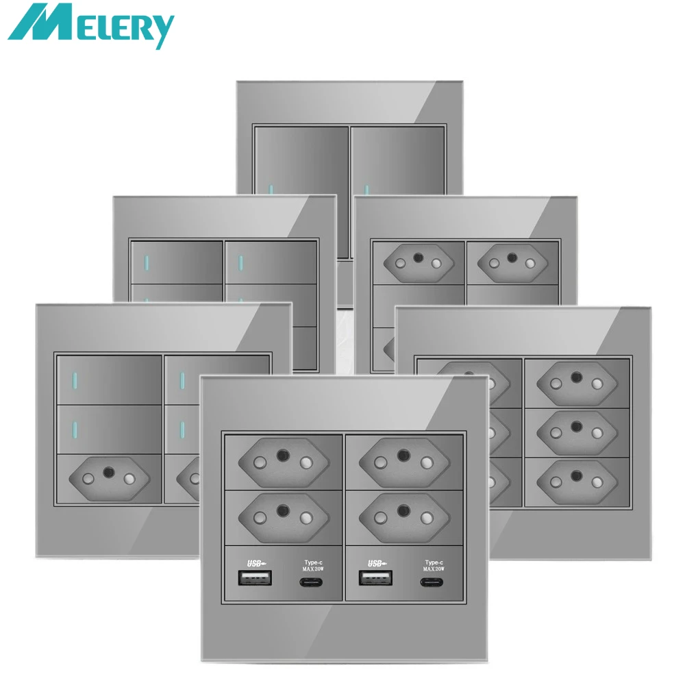 แผงกระจกกันไฟ Melery 4x4 มาตรฐานบราซิล พร้อมเต้ารับ USB Type C สวิตช์ไฟ สีเทา สำหรับสำนักงาน 20A สำหรับบ้าน 1