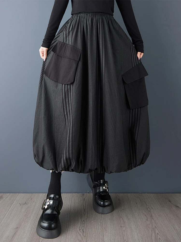 2025 Spring Autumn New Black Vintage Stripe High Waist Skirt Women Plus Size Fashion Pocket Loose Casual Midi Skirts Clothing