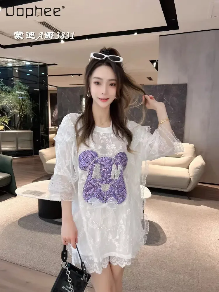 

Модные короткие комплекты 2023 летние кружевные вышитые с мультяшными блестками Свободный Топ средней длины с коротким рукавом и круглым вырезом шорты Комплект из двух предметов