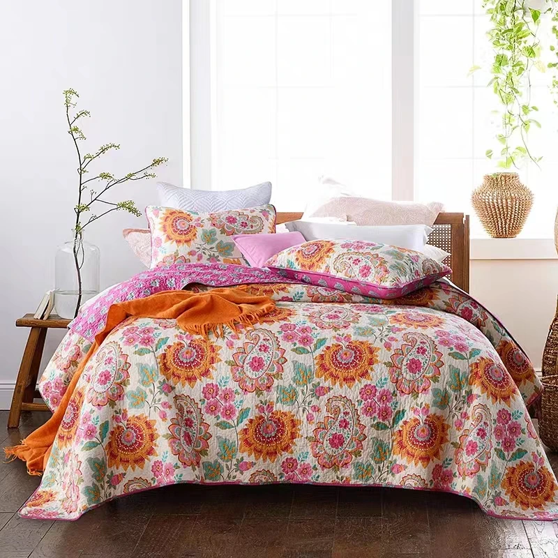 Bedspread100CottonQuiltedBedCoverQueenKingQuiltRuralRetro