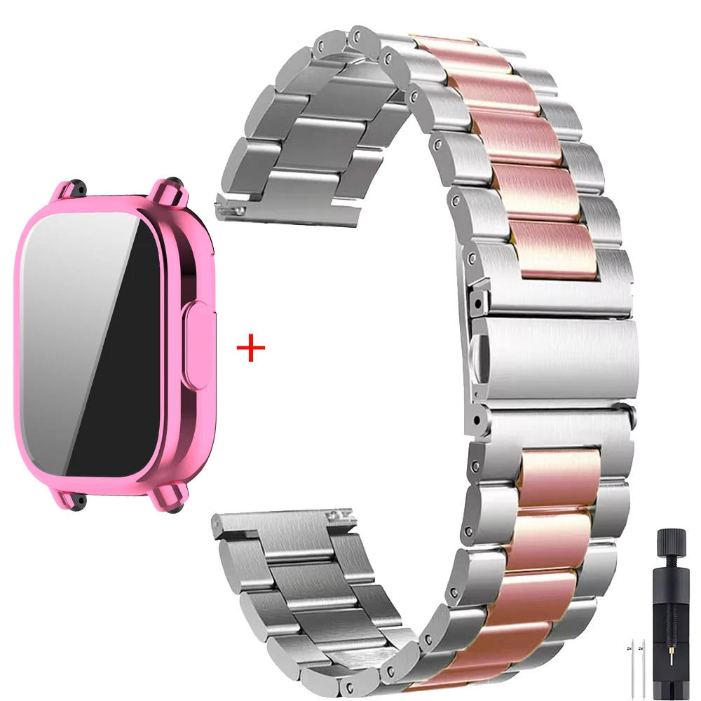 Luxury TPU Case with Stainless Steel Strap for Smart Watch - Soft Protective Cover with Premium Metal Watchband Correa