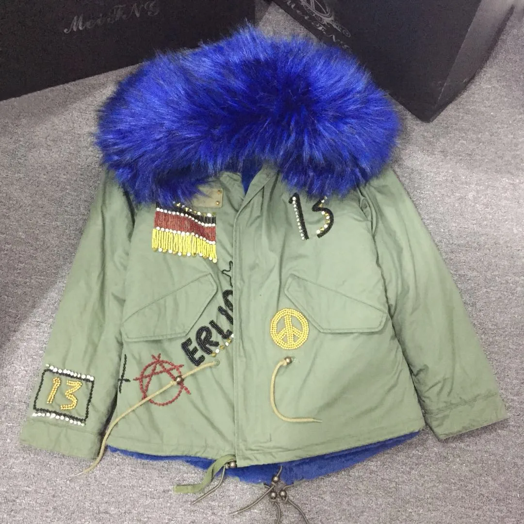 

Military Style Germany Embroidered Flag Pattern Short All Blue Faux Fur Parka Winter Warm Men&Women Army Green Overcoat