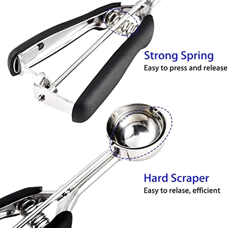 Cookie Scoop, Cookie Dough Scoop, Spring-Loaded Ice Cream Stainless Steel Comfortable Grip 21 X 4Cm Black