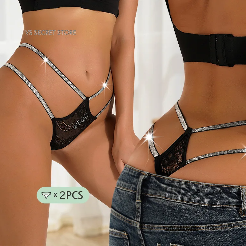 

2PCS трусы женские Sexy Thongs Double Thin Belt Women's Panties High-waisted Lace Transparent Lingerie thongs women underwear