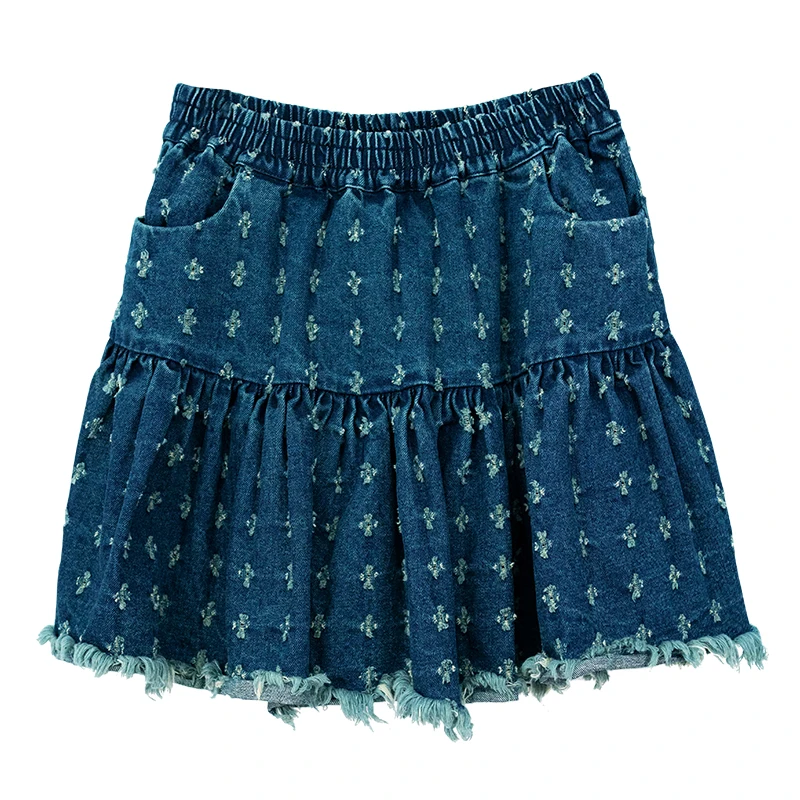IMAKOKONI original design denim skirt Blue floral pocket elastic waist edge fringe cotton skirt 234126