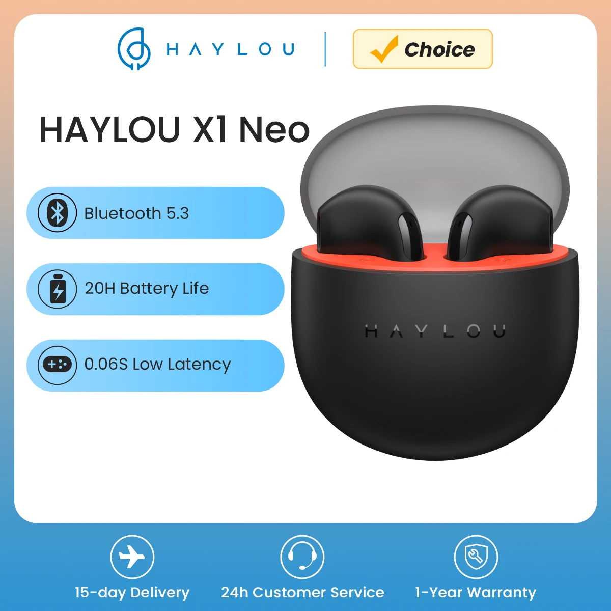 HAYLOU X1 Neo fones de ouvido Bluetooth, fone de ouvido sem fio, fone leve, controle de toque, baixa latência 0.06s, bateria 20H, TWS