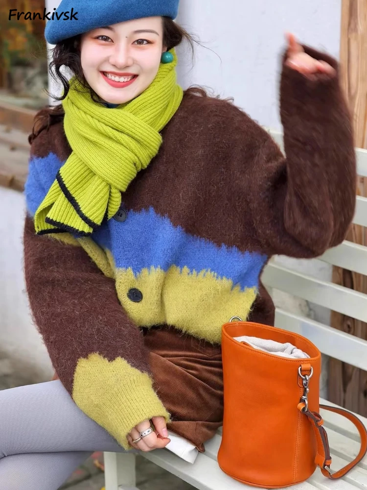 

Кардиган контрастных цветов, Женский Осенний теплый модный мешковатый ретро-кардиган в гонконгском стиле с напуском и длинными рукавами, яркий Женский Нежный