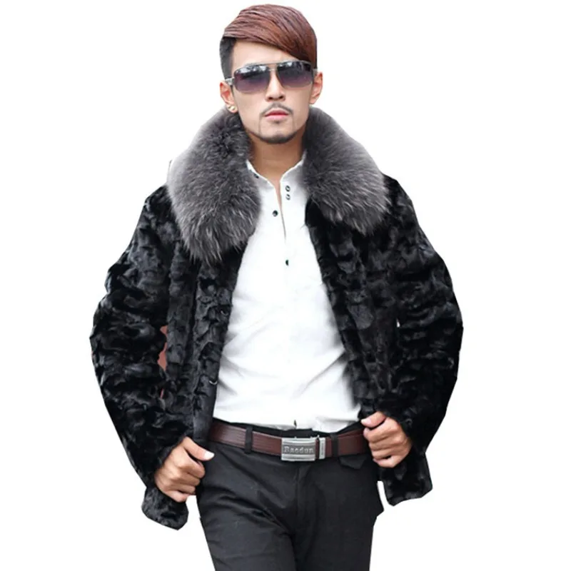 Men Faux Fur Coat Winter Thick Warm Fur Collar Long Sleeve Windbreaker Luxury Brand Men Clothing Fur Coats