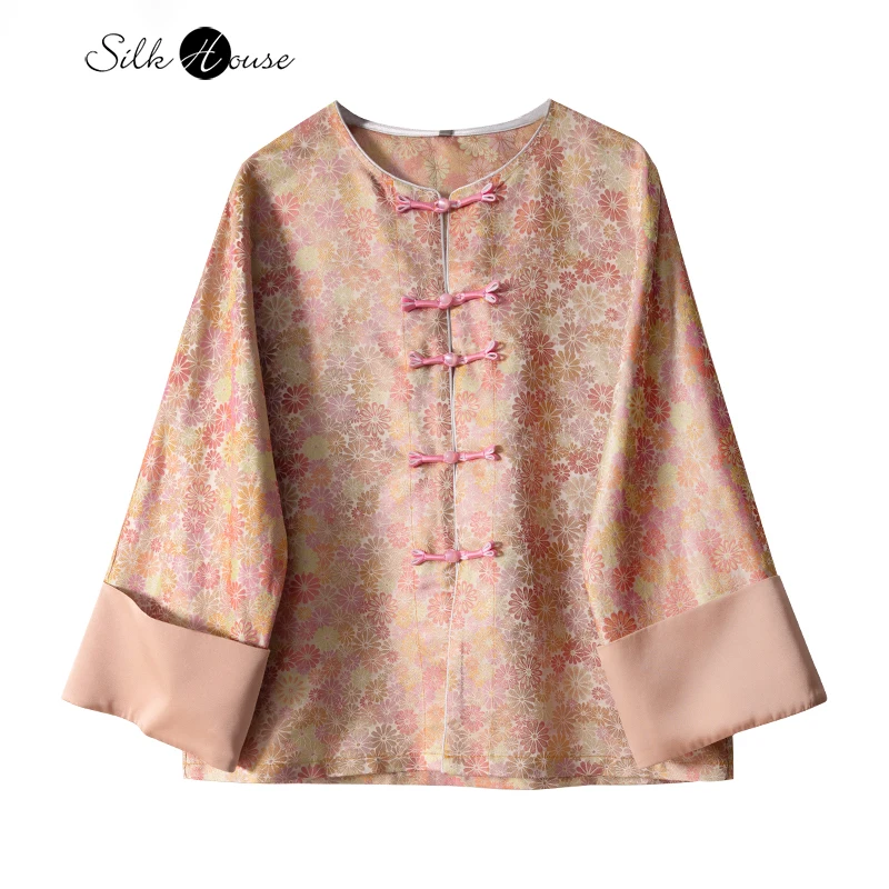 2024 Women's Fashion Spring/Summer New Chinese Elegant Style 100%Natural Mulberry Silk Song Brocade Chrysanthemum Print Top