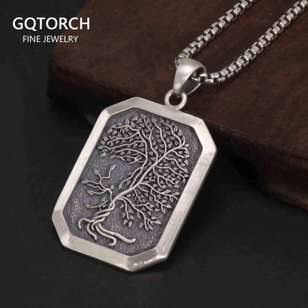

Vintage Men's Tree of Life Pendant Necklace Real 925 Sterling Silver Square Plate Amulet Vintage Nordic Viking Jewelry