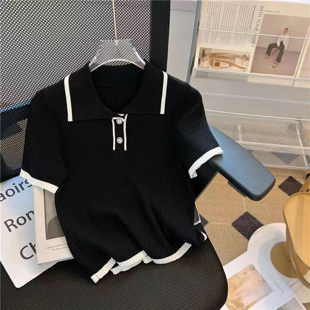 Smvp Ice silk knitted short sleeved T-shirt for women's summer 2024 new fashionable and stylish polo shirt top 2