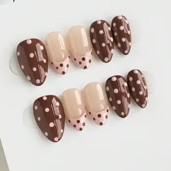 10pcs Short Almond Handmade Press On Nails,Press On Nails,Brown Nails,Glossy Nails,French Tip Nails,Polka Dot Nails 1